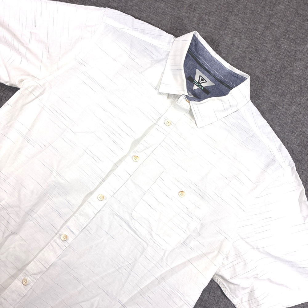 Vissla Button Up Shirt Mens XL White Short Sleeve Striped Pocket Beach Travel
